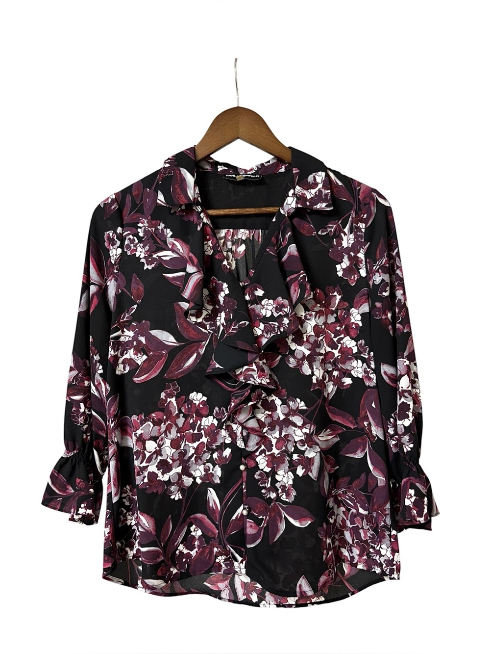 Karl Lagerfeld black plum floral ruffle front detail pear button blouse size S